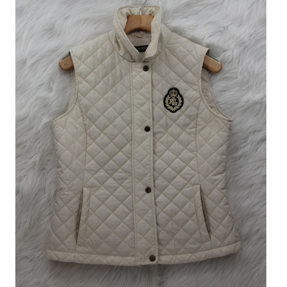 Ralph Lauren Black Label Quilted Vest Crest Patch Monogram Logo Ivory M Old $